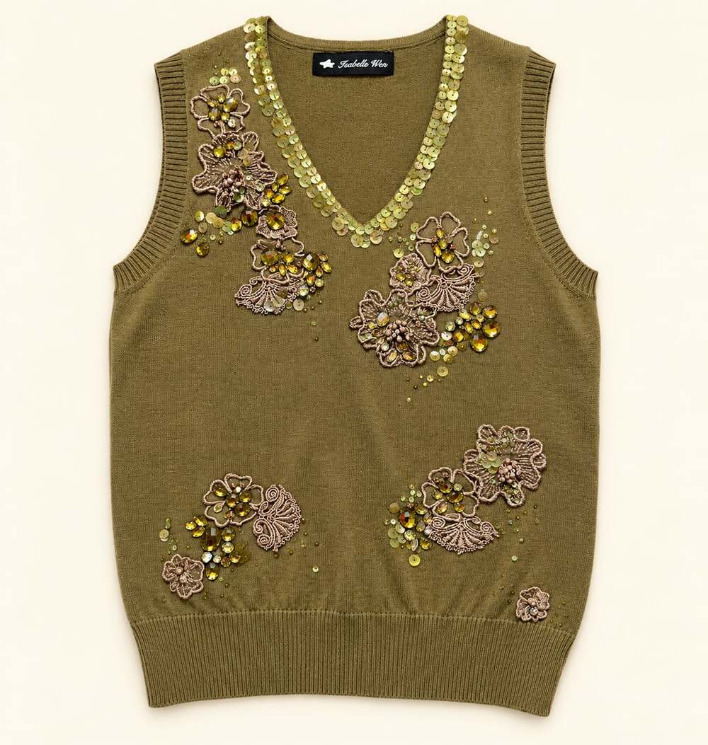 sabelle Wen Olive Embellished Floral Sequin Beaded Knit Sweater Vest M